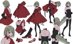 Rule 34 | 1boy, bare shoulders, black bridal gauntlets, black leotard, black thighhighs, bow, bridal gauntlets, brown eyes, character sheet, collage, cropped legs, double-parted bangs, dragon boy, dragon tail, dress, fashion, frilled dress, frills, full body, green hair, hana (adey), highres, leaning forward, leotard, looking at viewer, medium hair, original, red bow, red dress, red footwear, sketch, standing, tail, ten (lu2948d), thighhighs, trap, white background, zipper
