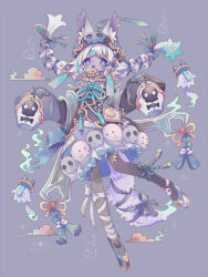 Rule 34 | 1girl, animal ear fluff, animal ears, asymmetrical footwear, bandaged leg, bandages, black hat, black jacket, black pantyhose, blue bow, blue capelet, blue eyes, blunt bangs, bow, braid, capelet, cat ears, cat girl, cat tail, commentary, floating hair, flower, flower knot, full body, ghost, hair flower, hair ornament, hair ribbon, hat, hitodama, jacket, jiangshi, leg up, looking at viewer, medium hair, mismatched footwear, multicolored hair, neck ribbon, no pupils, ofuda, open mouth, original, pantyhose, purple background, purple eyes, purple hair, ribbon, sharp teeth, short bangs, signature, simple background, skirt, skull ornament, sleeves past fingers, sleeves past wrists, solo, sorata123, sparkle, standing, standing on one leg, stitches, streaked hair, tail, tail bow, tail ornament, tassel, teeth, twin braids, two-sided fabric, two-tone eyes, two-tone hair, white footwear, white skirt