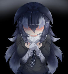 Rule 34 | absurdres, animal ears, black background, black hair, breast pocket, breasts, ears down, fang, fang out, fur collar, gloves, gradient background, grey wolf (kemono friends), highres, kemono friends, large breasts, long hair, multicolored hair, plaid neckwear, pocket, shaded face, solo, tears, two-tone hair, white background, white gloves, white hair, wolf ears, wolf girl, yeo arin
