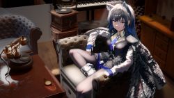Rule 34 | 1girl, animal ear fluff, animal ears, arknights, armchair, black hair, black jacket, black pantyhose, black vest, blue gloves, blue hair, blue necktie, blue shorts, boots, brown eyes, chair, closed mouth, collared shirt, commentary request, fingerless gloves, gloves, highres, indoors, jacket, jacket on shoulders, pantyhose under shorts, long hair, long sleeves, looking at viewer, multicolored hair, necktie, on chair, original, pantyhose, phone, pocket watch, record, roman numeral, shirt, short shorts, shorts, sitting, solo, texas (arknights), texas the omertosa (arknights), two-tone hair, very long hair, vest, watch, white footwear, white shirt, wiersa