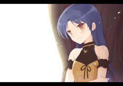 Rule 34 | 1girl, against tree, arm garter, bad id, bad pixiv id, bare shoulders, bloom, blue hair, brown eyes, glint, heart, holding own arm, idolmaster, idolmaster (classic), jewelry, kisaragi chihaya, komi zumiko, letterboxed, long hair, necklace, sleeveless, smile, solo, tree