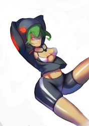 Rule 34 | 1girl, arms up, bike shorts, bikini, bikini top only, breasts, digimon, digimon world re:digitize, goggles, goggles around neck, green hair, groin, highres, hood, hoodie, navel, open clothes, open hoodie, red eyes, shinomiya rina, shiny skin, simple background, smile, solo, splashbrush, swimsuit