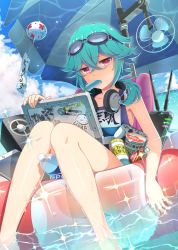 Rule 34 | 1girl, absurdres, blue hair, blue one-piece swimsuit, character name, cloud, collarbone, controller, day, food, game controller, goggles, goggles on head, hair between eyes, hair over shoulder, headphones, headphones around neck, highres, innertube, long hair, mouth hold, official art, one-piece swimsuit, outdoors, parasol, pink eyes, ponytail, popsicle, project tokyo dolls, school swimsuit, sitting, soaking feet, solo, sparkle, swim ring, swimsuit, umbrella