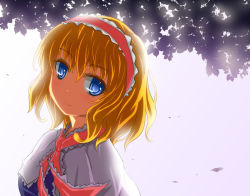 Rule 34 | 1girl, alice margatroid, blonde hair, blue dress, blue eyes, capelet, dress, female focus, hairband, head tilt, leaf, light, light smile, looking at viewer, looking back, mikotoplus, ribbon, short hair, simple background, solo, touhou, upper body, white background