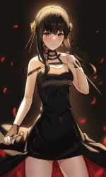 Rule 34 | 1girl, absurdres, backlighting, bare shoulders, black background, black dress, black gloves, black hair, blood, bloody weapon, blush, breasts, closed mouth, covered navel, cowboy shot, dagger, dress, dual wielding, falling petals, fingerless gloves, floating hair, flower, gileu, gloves, gold hairband, hair flower, hair ornament, hairband, highres, holding, holding dagger, holding knife, holding weapon, knife, light particles, long hair, looking at viewer, medium breasts, petals, raised eyebrows, red eyes, reverse grip, rose, sidelocks, solo, spikes, spy x family, two-sided dress, two-sided fabric, weapon, yor briar