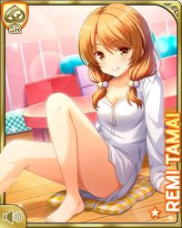 Rule 34 | 1girl, bare legs, barefoot, bedroom, bottomless, brown eyes, brown hair, card (medium), closed mouth, day, dress shirt, girlfriend (kari), indoors, looking at viewer, low twintails, official art, on bed, qp:flapper, shirt, sitting, smile, solo, tagme, tamai remi, twintails, white shirt