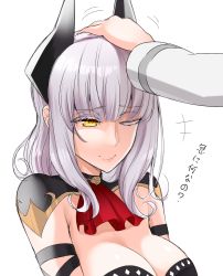 Rule 34 | 1girl, armband, ascot, bad id, bad pixiv id, blunt bangs, breasts, carmilla (fate), cleavage, commentary request, fate/grand order, fate (series), headpat, highres, horns, large breasts, long hair, long sleeves, mattari yufi, one eye closed, sidelocks, silver hair, smile, translated, white background, yellow eyes