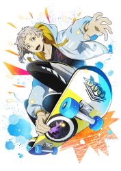 Rule 34 | 1boy, bad source, bungou stray dogs, fingernails, grey hair, hood, hooded jacket, hoodie, jacket, long sleeves, male focus, nakajima atsushi (bungou stray dogs), official art, open clothes, open jacket, open mouth, skateboard, smile, teeth, transparent background, upper teeth only, yellow eyes
