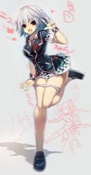 Rule 34 | 1girl, absurdres, breasts, fang, full body, highres, legs folded, mamuru, necktie, open mouth, original, panties, panty pull, red eyes, shadow, shoes, short hair, simple background, sketch, skirt, solo, underwear, v, white hair, white panties, wristband