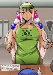Rule 34 | 2girls, apron, areola slip, beads, blonde hair, blue hoodie, blush, breasts, cleavage, collarbone, cup, dark-skinned female, dark skin, english text, gawr gura, glass bottle, green apron, green headwear, hair beads, hair ornament, hat, highres, holding, holding cup, hololive, hololive english, hood, hoodie, iced latte with breast milk (meme), large breasts, lips, long hair, looking at viewer, low twintails, meme, multiple girls, naked apron, no bra, no panties, pointing, sideboob, smile, source request, teeth, tsukumo sana, twintails, vialnite, virtual youtuber, yellow eyes