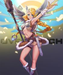 Rule 34 | 1girl, adapted costume, alternate hairstyle, arm up, armor, armpits, bad id, bad pixiv id, belt, bikini armor, blonde hair, blue eyes, blue wings, boobplate, boots, bracer, braid, breastplate, breasts, brown footwear, brown gloves, copyright name, cowboy shot, feathers, forehead protector, fur collar, fur trim, glint, gloves, glowing, glowing wings, gradient background, grey background, hair rings, head wings, highres, holding, holding staff, jewelry, leg lift, littleamber, logo, long hair, medium breasts, mercy (overwatch), midriff, navel, official alternate costume, outstretched arm, overwatch, overwatch 1, parted lips, ring, sheath, sheathed, shield, solo, spread wings, staff, sword, thigh strap, valkyrie mercy, weapon, wings, yellow background