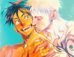 Rule 34 | 2boys, black hair, blue background, chest tattoo, close-up, collarbone, colored skin, dark-skinned male, dark skin, facial scar, from side, gradient eyes, hand on another&#039;s hand, hand on another&#039;s shoulder, hand on own shoulder, hand tattoo, highres, kithwith (kith 0121), leaning on person, looking at another, monkey d. luffy, multicolored eyes, multiple boys, one piece, open mouth, scar, scar on cheek, scar on face, sharp teeth, short hair, shoulder tattoo, smile, tattoo, teeth, toned, toned male, tongue, topless, topless male, trafalgar law, white hair, white skin, yaoi, yellow eyes