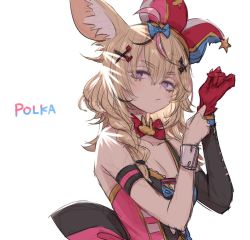 Rule 34 | animal ears, bare shoulders, blonde hair, blush, bow, braid, breasts, closed mouth, collarbone, detached sleeves, facial mark, fox ears, fox girl, gloves, hair between eyes, hair over shoulder, hat, heart, heart-shaped pupils, hololive, jester cap, long hair, looking at viewer, medium breasts, multicolored hair, omaru polka, omaru polka (1st costume), pink hair, purple eyes, red gloves, simple background, single sleeve, sketch, solo, symbol-shaped pupils, upper body, virtual youtuber, white background, yoshida on