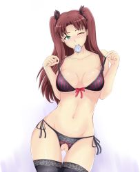 Rule 34 | 1girl, black panties, black thighhighs, blush, bra, breasts, brown hair, condom, condom in mouth, crotchless, crotchless panties, fate/stay night, fate (series), green eyes, hair ribbon, highres, ixmmxi, large breasts, lingerie, long hair, looking at viewer, mouth hold, navel, one eye closed, panties, pussy, ribbon, shiny skin, side-tie panties, simple background, smile, solo, strap lift, striped bra, striped clothes, thigh gap, thighhighs, tohsaka rin, two side up, type-moon, uncensored, underwear, vertical stripes, white background