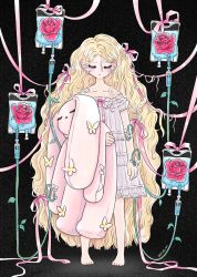 Rule 34 | bare legs, bare shoulders, barefoot, black background, blonde hair, blush, bug, butterfly, dress, closed eyes, flower, full body, hair ribbon, highres, bug, intravenous drip, long hair, off-shoulder dress, off shoulder, original, pink ribbon, red flower, red rose, ribbon, ring 411, rose, simple background, standing, stuffed animal, stuffed rabbit, stuffed toy, very long hair, white dress, yellow butterfly