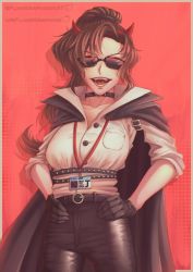 Rule 34 | 1girl, breasts, brown hair, cape, choker, commentary, fake horns, flamgraphicsart, gloves, hands on own hips, highres, hololive, hololive english, horns, id card, image sample, j-chad, open mouth, red eyes, reddit logo, reddit username, shadow, sunglasses, symbol-only commentary, teeth, tinted eyewear, tongue, twitter logo, twitter sample, twitter username, virtual youtuber