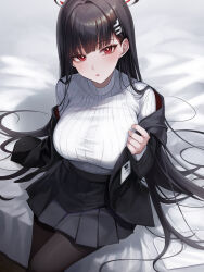 Rule 34 | 1girl, black hair, black pantyhose, black skirt, black suit, blue archive, blunt bangs, blush, breasts, bright pupils, formal, hair ornament, hairclip, halo, heeri, highres, holster, id card, large breasts, long hair, long sleeves, looking at viewer, on bed, pantyhose, pleated skirt, red eyes, rio (blue archive), sitting, skirt, solo, suit, sweater, tablet pc, thigh holster, turtleneck, turtleneck sweater, very long hair, white sweater, wooden floor