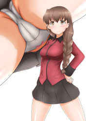 Rule 34 | ass, black skirt, bow, bow panties, braid, braided ponytail, brown eyes, brown hair, cameltoe, cleft of venus, closed mouth, commentary, crotch seam, from below, girls und panzer, hair ornament, hair over shoulder, hair tie, hairclip, hand on own hip, io-catalyst, jacket, pussy, long hair, long sleeves, looking at viewer, military, military uniform, miniskirt, mtu virus, multiple views, panties, pleated skirt, red jacket, rukuriri (girls und panzer), simple background, single braid, skirt, smile, st. gloriana&#039;s military uniform, standing, thighs, underwear, uniform, upskirt, white background, white panties