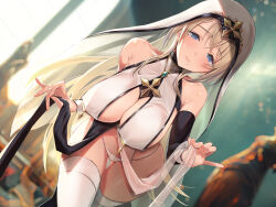 Rule 34 | 1girl, absurdres, blonde hair, blue eyes, blurry, blurry background, blush, breasts, cleavage, closed mouth, covered erect nipples, dress, gem, gluteal fold, hair between eyes, headdress, highres, indoors, large breasts, long hair, looking at viewer, mappaninatta, mole, mole under mouth, navel, non-web source, nun, original, panties, solo, standing, thigh gap, thighhighs, underwear, white dress, white panties, white thighhighs