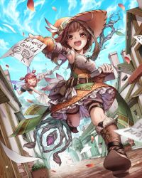 Rule 34 | 10s, 2girls, :d, ^ ^, armpits, belt, blush, boots, brown eyes, brown hair, chain chronicle, closed eyes, cloud, day, detached sleeves, dress, dutch angle, english text, closed eyes, fairy, fairy wings, fang, flying paper, from below, full body, hair ornament, hairclip, hat, hinase kanoto, holding, holding paper, house, leaf, multiple girls, open mouth, original, outdoors, outstretched arm, paper, pavement, pink hair, running, shirt, short hair with long locks, short twintails, shorts, size difference, sky, sleeves past wrists, smile, staff, stick figure, sword, twintails, weapon, wings