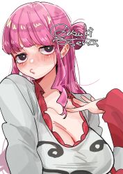 Rule 34 | 1girl, azuki sena, breasts, cleavage, highres, large breasts, lips, long hair, looking at viewer, one piece, perona, pink hair, shirt, simple background, solo