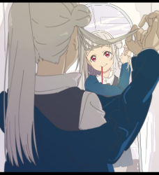 Rule 34 | 1girl, absurdres, adjusting hair, arashi chisato, artist name, artist request, belt, blue cardigan, blue jacket, blush, bow, bowtie, breasts, buttons, cardigan, collared shirt, cropped jacket, double bun, dress, dress shirt, female focus, fixing hair, grey belt, grey shirt, grey skirt, hair bun, hair tie, highres, indoors, jacket, letterboxed, long hair, long sleeves, looking at viewer, love live!, love live! superstar!!, miniskirt, mirror, mouth hold, neck ribbon, o-ring, o-ring belt, parted lips, plaid, plaid skirt, pleated, pleated skirt, red bow, red eyes, red ribbon, ribbon, school uniform, shirt, side bun, single side bun, skirt, smile, solo, twintails, white hair, white shirt, wing collar, yuigaoka school uniform