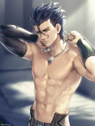 Rule 34 | 1boy, abs, arm guards, bed, black hair, black sleeves, blurry, blurry background, brown pants, collarbone, commentary request, depth of field, detached sleeves, diarmuid ua duibhne (lancer) (fate), diarmuid ua duibhne (saber) (fate), fate/grand order, fate (series), fingernails, hagino kouta, hair between eyes, highres, indoors, long sleeves, looking away, male focus, mole, mole under eye, muscular, pants, pectorals, pillow, signature, single detached sleeve, solo, topless male, upper body, v-shaped eyebrows, yellow eyes