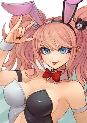 Rule 34 | 1girl, absurdres, animal ears, bare shoulders, bear hair ornament, blonde hair, blue eyes, breasts, cleavage, commentary request, danganronpa: trigger happy havoc, danganronpa (series), enoshima junko, fake animal ears, hair ornament, highres, large breasts, leotard, long hair, looking at viewer, official alternate costume, playboy bunny, rabbit ears, red nails, shiny skin, simple background, smile, solo, tongue, tongue out, twintails, two-tone leotard, wrist cuffs, youko-shima