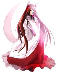 Rule 34 | 1girl, animal ears, brooch, brown hair, dress, fingernails, hands on own hips, highres, imaizumi kagerou, jewelry, long fingernails, long hair, long sleeves, nyago, red eyes, simple background, smile, solo, tail, touhou, very long hair, white background, wide sleeves, wolf ears, wolf tail