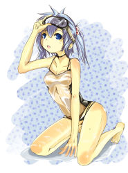 Rule 34 | 1girl, barefoot, breasts, female focus, goggles, hair bobbles, hair ornament, kawashiro nitori, kneeling, legs, maturiuta sorato, one-piece swimsuit, solo, swimsuit, touhou, twintails, two side up