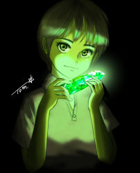 Rule 34 | 1girl, black background, chutohampa, gem, glowing, green gemstone, green theme, hands up, highres, looking at viewer, original, signature, simple background, smile, solo