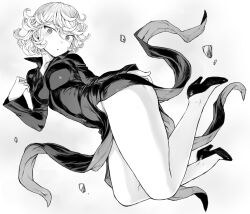 Rule 34 | 1girl, :o, breasts, curly hair, dress, floating clothes, full body, gradient background, grey background, greyscale, hair between eyes, legs, looking at viewer, medium breasts, mogudan, monochrome, one-punch man, shoes, short hair, solo, tatsumaki, telekinesis, thighs