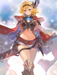 Rule 34 | 1girl, absurdres, alchemaniac, belt, blonde hair, blush, breasts, brown eyes, cape, cleavage cutout, clothing cutout, conqueror of the eternals, djeeta (granblue fantasy), granblue fantasy, hair ornament, hairband, highres, large breasts, looking at viewer, medium hair, mole, mole under eye, navel, red cape, red shorts, short shorts, shorts, smile, solo, stomach