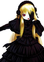 Rule 34 | 1girl, black dress, blonde hair, bosshi, child, cowboy shot, dress, facing viewer, female focus, goth fashion, gothic lolita, highres, lolita fashion, long hair, looking at viewer, open mouth, red eyes, simple background, solo, standing, tareme, white background