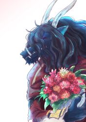 Rule 34 | 1boy, absurdres, animal ears, black hair, bouquet, closed eyes, commentary request, dragon boy, dragon ears, dragon horns, fangs, fangs out, flower, furry, furry male, highres, holding, holding bouquet, horns, male focus, pointy ears, profile, ryuu (ryuu to sobakasu no hime), ryuu to sobakasu no hime, smile, upper body, warori anne, white background