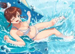 Rule 34 | 1girl, ;d, bare arms, bare legs, bare shoulders, barefoot, bikini, blue eyes, blush, bow, breasts, brown hair, cleavage, collarbone, commentary request, frilled bikini, frills, from side, full body, hair bow, idolmaster, idolmaster million live!, kamille (vcx68), long hair, looking at viewer, looking to the side, medium breasts, nail polish, navel, one eye closed, open mouth, pink nails, ponytail, pool, satake minako, sidelocks, smile, solo, splashing, stomach, swimsuit, water, water drop, water slide, white bikini, white bow