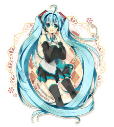 Rule 34 | 1girl, ahoge, aqua eyes, aqua hair, character name, detached sleeves, green eyes, hands on own chest, happy birthday, hatsune miku, headset, long hair, looking at viewer, necktie, open mouth, skirt, solo, thighhighs, toro (shiro), twintails, very long hair, vocaloid, zettai ryouiki
