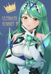 Rule 34 | 1girl, alternate color, amayo thranana, bare shoulders, breasts, chest jewel, dress, earrings, elbow gloves, gloves, highres, jewelry, large breasts, long hair, mythra (massive melee) (xenoblade), mythra (xenoblade), nintendo, pneuma (xenoblade), solo, super smash bros., swept bangs, tiara, very long hair, white dress, white gloves, xenoblade chronicles (series), xenoblade chronicles 2, yellow eyes