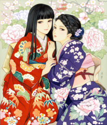 Rule 34 | 2girls, black eyes, black hair, blunt bangs, braid, couple, floral background, flower, hair flower, hair ornament, hime cut, holding another&#039;s wrist, japanese clothes, kimono, long hair, looking at viewer, looking to the side, multiple girls, nadeshiko rin, original, parted lips, smile, traditional media, updo, yuri