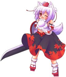 Rule 34 | 1girl, animal ears, arms behind back, bare shoulders, detached sleeves, fang, female focus, full body, geta, hat, highres, inubashiri momiji, iwanosuke, navel, one eye closed, open mouth, red eyes, shield, silver hair, solo, sword, tail, tengu-geta, tokin hat, touhou, transparent background, weapon, wink, wolf ears, wolf tail