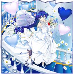 1girl alternate_costume balloon blue_bow blue_eyes blue_hair border bouquet bow breasts bridal_veil cleavage closed_mouth collarbone confetti daisy dress earrings flower flower_request game_cg hair_bow heart_balloon highres holding holding_bouquet jewelry long_hair looking_at_viewer official_art railing rotte_(1109) shoes skirt_hold smile solo stairs stuffed_animal stuffed_cat stuffed_toy third-party_source tiara touhou touhou_lostword translation_request transparent_background veil very_long_hair wedding_dress white_dress yorigami_shion