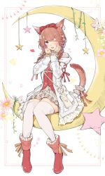 Rule 34 | 1girl, absurdres, animal ears, blue eyes, bow, braid, brown hair, cardigan, cat ears, cat tail, commentary, crescent moon, final fantasy, final fantasy xiv, flower, frilled cuffs, full body, hair bow, hair flower, hair ornament, hand on own cheek, hand on own face, highres, looking at viewer, miqo&#039;te, mokokoiro, moon, on crescent, one eye closed, open cardigan, open clothes, parted lips, pink flower, pleated skirt, red bow, red footwear, red ribbon, ribbon, sitting, skirt, solo, star (symbol), symbol-only commentary, tail, tail ornament, tail ribbon, teeth, thighhighs, twin braids, upper teeth only, warrior of light (ff14), white cardigan, white thighhighs, zettai ryouiki