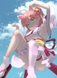 Rule 34 | 1girl, :o, absurdres, ahoge, blush, breasts, cloud, detached sleeves, from below, green eyes, hair ornament, hairclip, highres, hololive, japanese clothes, looking down, mechjunk, medium breasts, miko, obi, open mouth, paw pose, sakura miko, sakura miko (1st costume), sandals, sash, side ponytail, sideboob, single thighhigh, sky, solo, thigh strap, thighhighs, upskirt, virtual youtuber