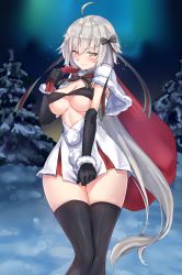 Rule 34 | 1girl, absurdres, ahoge, bad id, bad pixiv id, bikini, bikini top only, black bikini, black gloves, black thighhighs, blurry, blush, bow, breasts, capelet, commentary request, cosplay, depth of field, dress, dress tug, elbow gloves, embarrassed, fate/grand order, fate (series), fur-trimmed capelet, fur trim, gloves, green bow, green ribbon, headpiece, highres, jeanne d&#039;arc (fate), jeanne d&#039;arc alter (avenger) (fate), jeanne d&#039;arc alter (fate), jeanne d&#039;arc alter santa lily (fate), jeanne d&#039;arc alter santa lily (fate) (cosplay), knees together feet apart, large breasts, looking at viewer, miramu (ramu450471), ribbon, short dress, silver hair, solo, standing, striped bow, striped ribbon, swimsuit, tears, thighhighs, thighs, tsurime, white capelet, yellow eyes