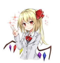 Rule 34 | 1girl, :3, alternate costume, amagi (amagi626), blazer, blonde hair, blush, bow, bowtie, breasts, commentary request, contemporary, cropped torso, crystal, flandre scarlet, grey jacket, hair between eyes, hair ribbon, hand up, jacket, long hair, long sleeves, looking at viewer, no headwear, one-hour drawing challenge, one side up, red bow, red bowtie, red eyes, red ribbon, ribbon, school uniform, shirt, simple background, small breasts, smile, solo, sparkle, sweater vest, touhou, upper body, w, white background, white shirt, wing collar, wings