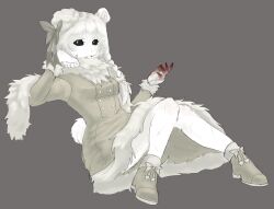 Rule 34 | 1girl, animal ears, bear ears, bear tail, black sclera, blood, blood on hands, boots, bow, braid, breasts, brown bow, brown coat, brown footwear, buttons, claws, coat, colored sclera, commentary, covered mouth, double-breasted, english commentary, full body, funamusea, fur-trimmed coat, fur-trimmed sleeves, fur collar, fur scarf, fur trim, furry, furry female, grey background, hair between eyes, hat, hat bow, head rest, highres, ice scream, kunibee, legs, long hair, long sleeves, looking at viewer, medium breasts, no socks, rocma (funamusea), sitting, sketch, solo, tail, twin braids, white eyes, white fur, white hair