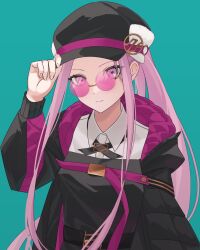 Rule 34 | 1girl, adjusting clothes, adjusting headwear, aqua background, belt, black belt, black jacket, closed mouth, commentary request, fate/grand order, fate (series), fingernails, fuzi wara 00, hat, highres, jacket, long hair, long sleeves, looking at viewer, medusa (fate), medusa (saber) (fate), open clothes, pink-tinted eyewear, pink eyes, pink hair, ponytail, round eyewear, simple background, solo, straight hair, sunglasses, tinted eyewear, very long hair
