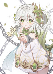 Rule 34 | 1girl, absurdres, blurry, blurry background, blush, bracelet, bug, butterfly, cape, chain, child, cross-shaped pupils, detached sleeves, dress, genshin impact, gradient hair, green cape, green eyes, green hair, hair between eyes, hair ornament, highres, insect, jewelry, leaf hair ornament, long hair, multicolored hair, nahida (genshin impact), open mouth, pointy ears, reaching, reaching towards viewer, side ponytail, sleeveless, sleeveless dress, solo, symbol-shaped pupils, tearing up, vanishedstar, white dress, white hair