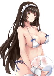 Rule 34 | 1girl, absurdres, ball, beachball, bikini, black hair, blush, bow, bow bikini, breasts, cleavage, collarbone, covered erect nipples, cowboy shot, fingerless gloves, flower, girls&#039; frontline, gloves, hair flower, hair ornament, hairband, hakuya (white night), highres, holding, holding ball, holding beachball, large breasts, long hair, looking away, navel, official alternate costume, open mouth, side-tie bikini bottom, simple background, skindentation, solo, stomach, swimsuit, thighhighs, thighs, transparent background, type 95 (girls&#039; frontline), type 95 (summer cicada) (girls&#039; frontline), white background, white bikini, white thighhighs, yellow eyes