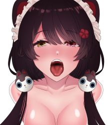 Rule 34 | 1girl, animal ears, bad id, bad pixiv id, breasts, brown hair, commentary request, hair between eyes, heterochromia, highres, inui toko, long hair, looking at viewer, low twintails, maid headdress, nijisanji, nude, open mouth, oral invitation, red eyes, seisui bar, simple background, solo, swept bangs, teeth, tongue, tongue out, twintails, upper body, upper teeth only, virtual youtuber, white background, yellow eyes